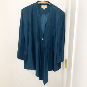 ELIZABETH & JAMES The 💯 Silk Deep V-Neck Lagenlook Blouse 3/4 Sleeves NAVY SZ: M